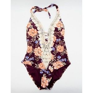 Kona Sol Wine Multi Floral Bathing One-Piece Suit Medium Coverage V-Neck Lace M